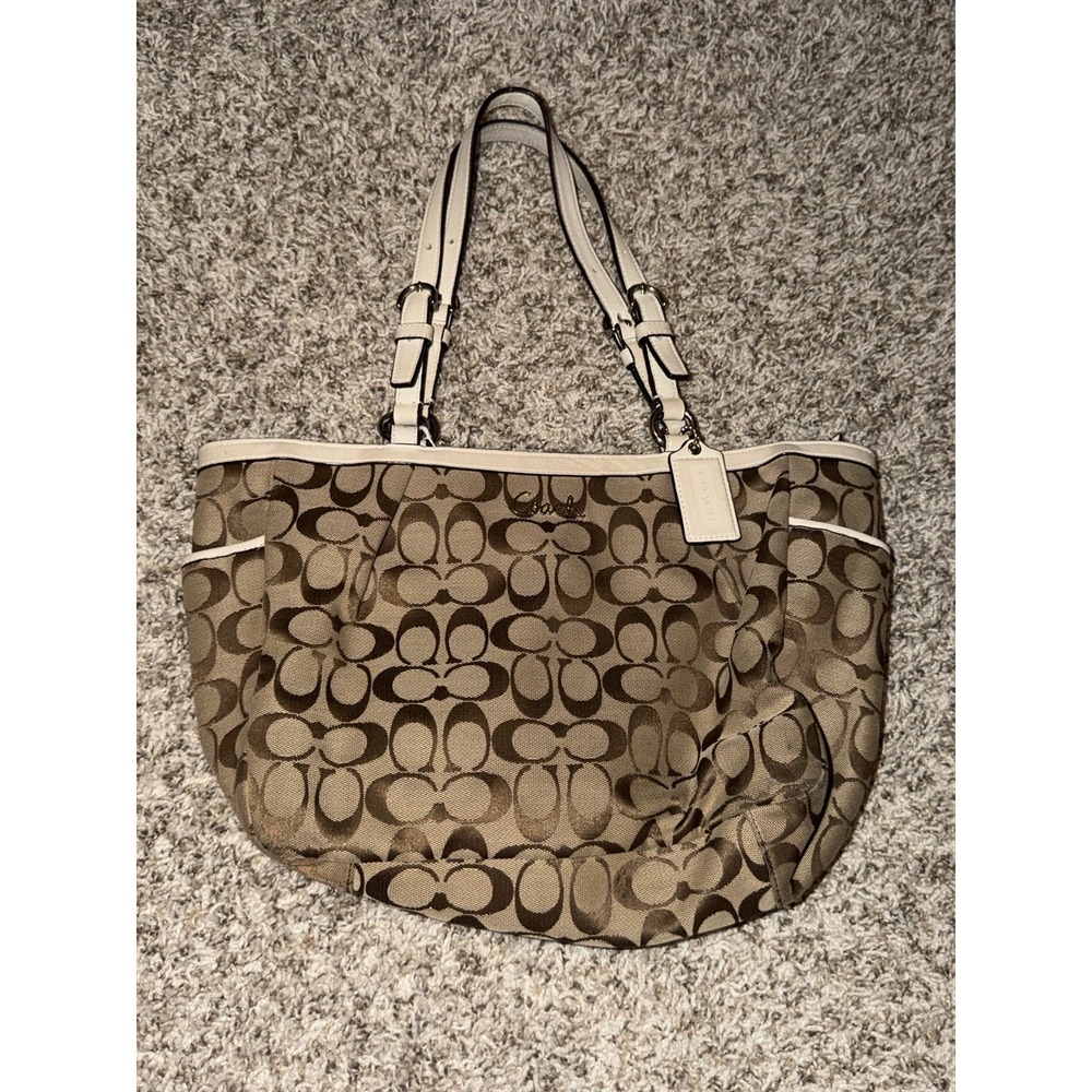 COACH F17726 Signature Tote Handbag Canvas Leather Brown White Womens Charm